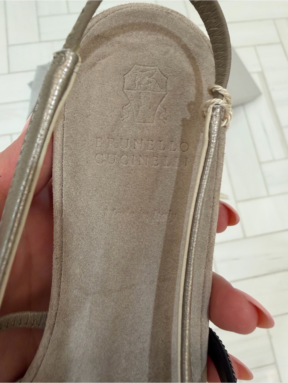 New Brunello Cucinelli Metallic Taupe Pointed Slingback Flats with Black Strap - Picture 5 of 8